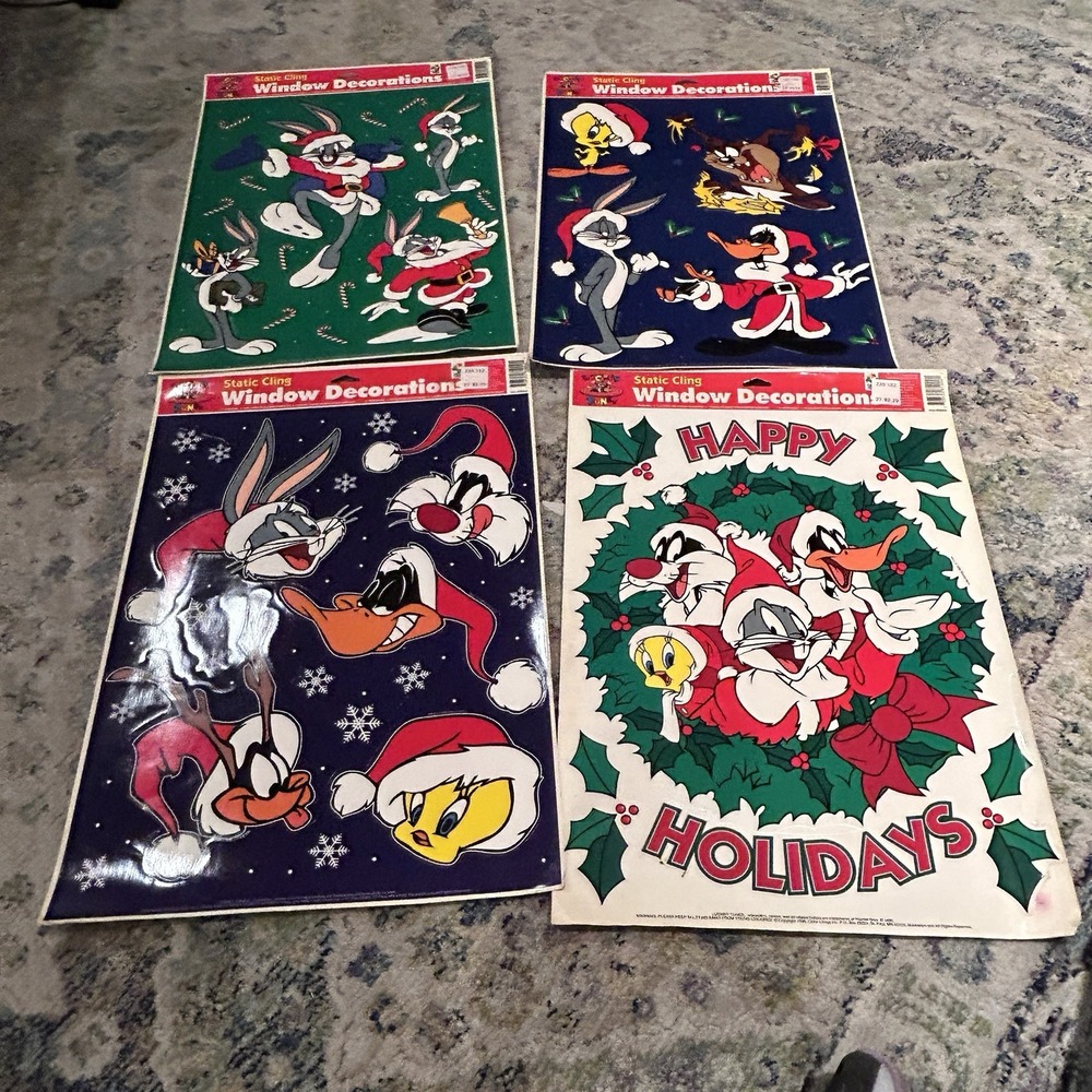 Vintage 1998 Looney Tunes Christmas Window Clings Lot of 4 Bugs Bunny Tweety